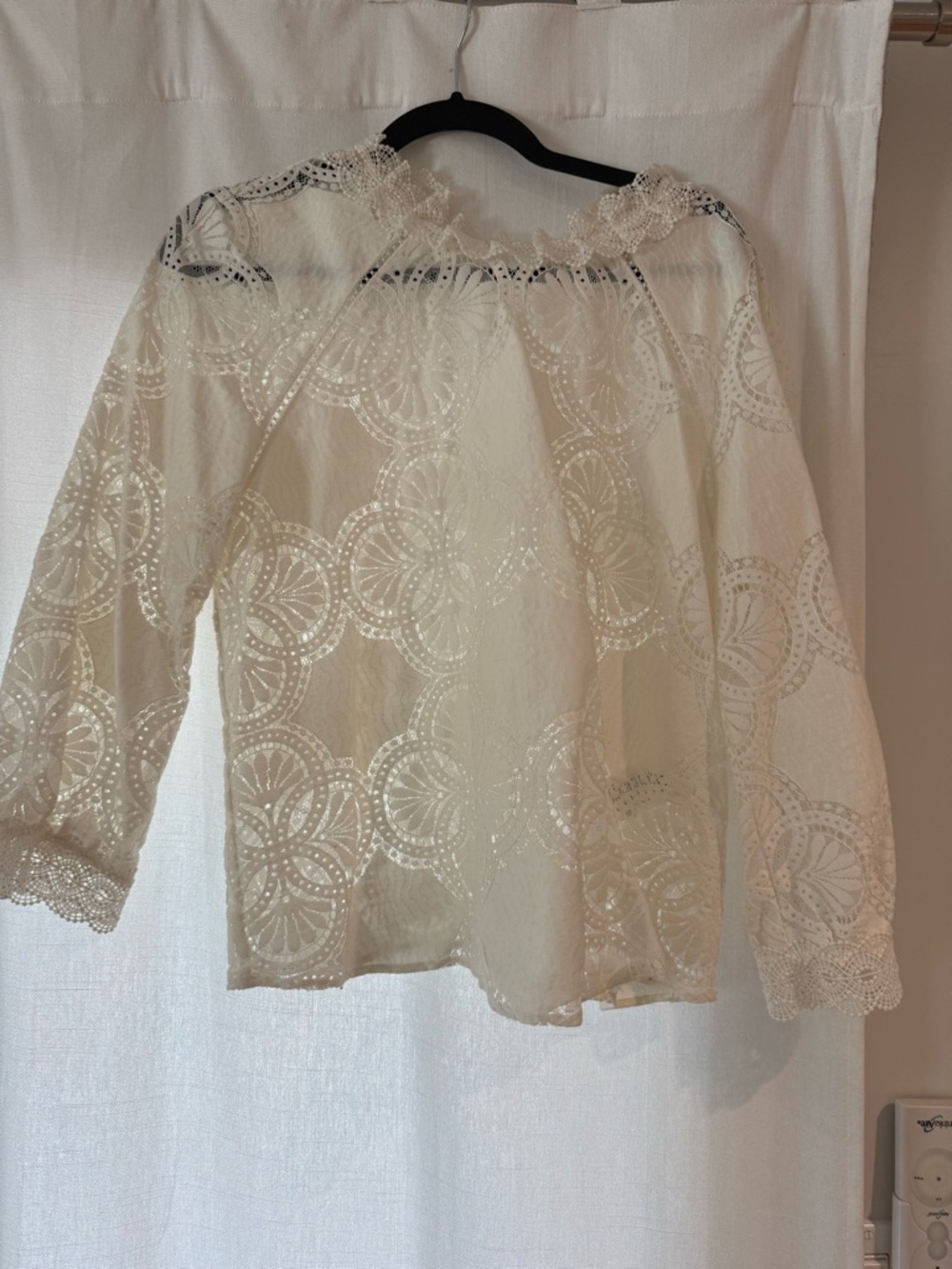 Women's Cream Eyelet Lace Long sleeve Sezane Bianca Top size 10